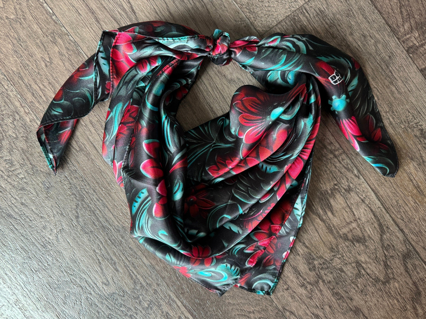 100% Silk Wild Rag Cranberry Red and Teal 3D Floral print by Double B Wild Rags
