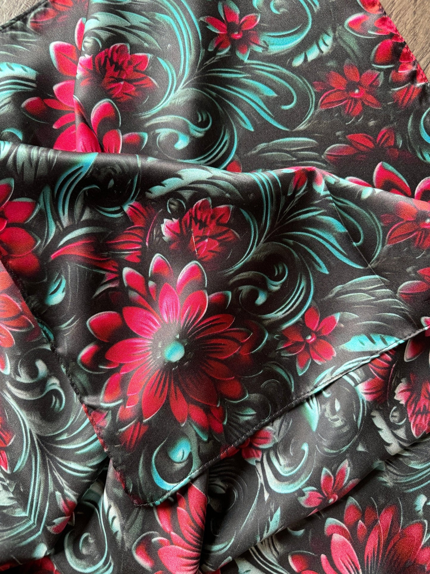 100% Silk Wild Rag Cranberry Red and Teal 3D Floral print by Double B Wild Rags