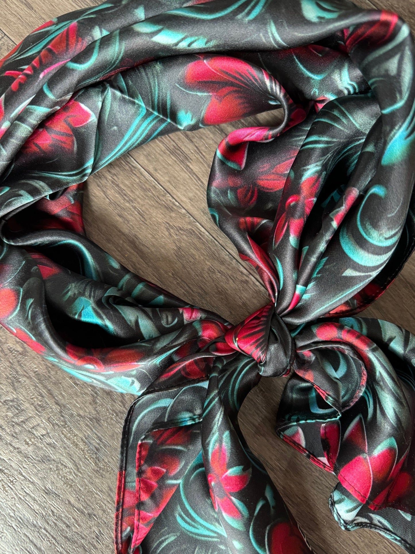 100% Silk Wild Rag Cranberry Red and Teal 3D Floral print by Double B Wild Rags