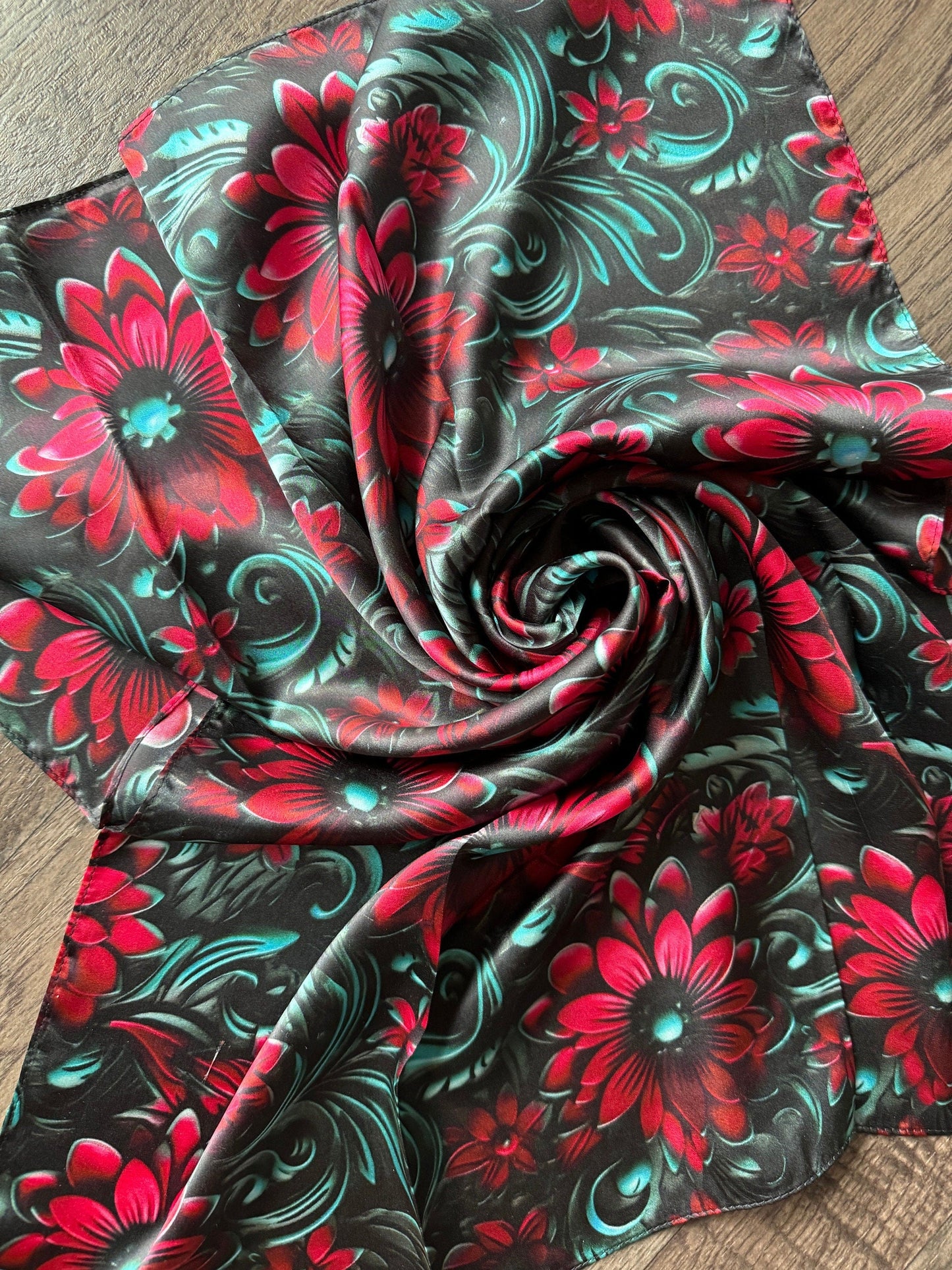 100% Silk Wild Rag Cranberry Red and Teal 3D Floral print by Double B Wild Rags
