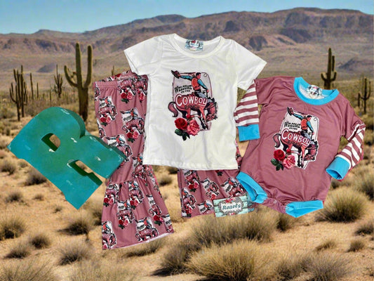 Cowboy Ranch Cowgirl Matching Sister Outfits - Western Bell Bottoms & Onsie