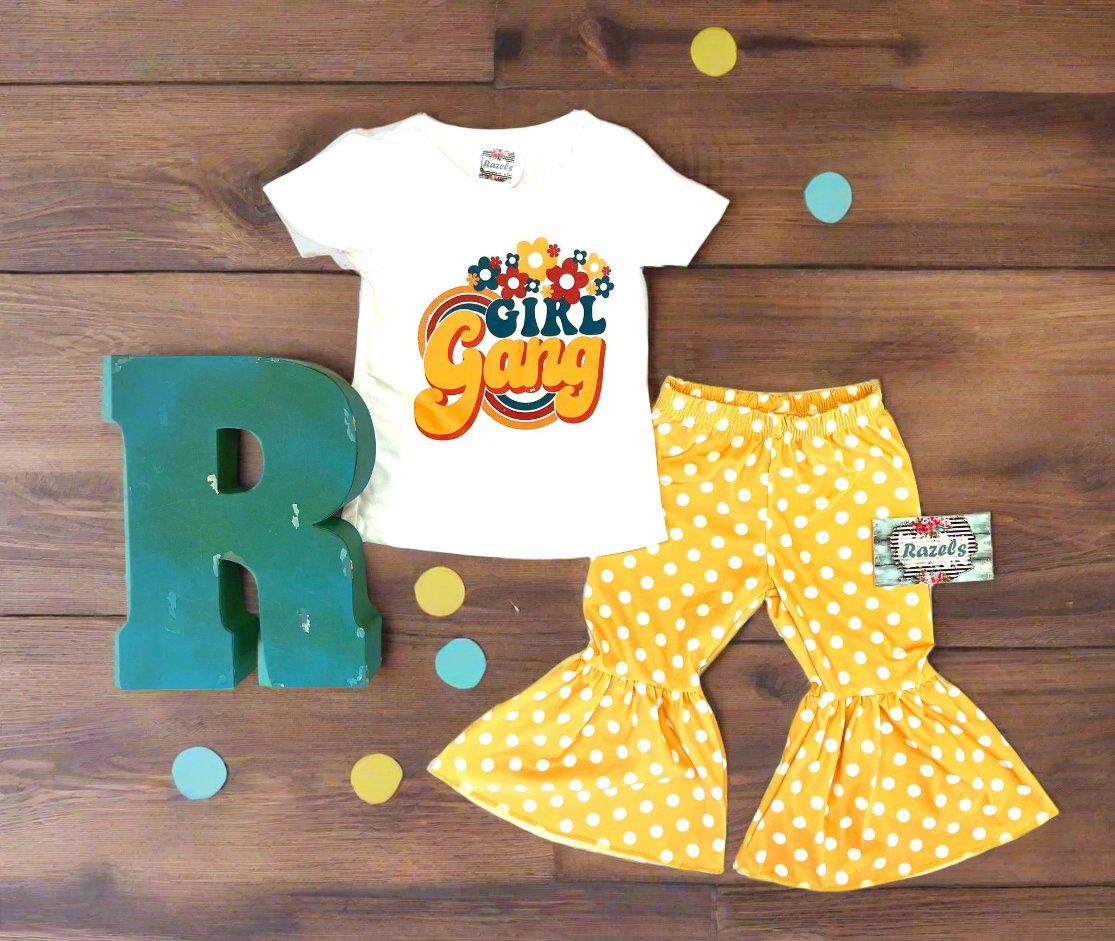 Girl Gang Outfit: Retro Floral Tee & Yellow Polka Dot Bell Bottoms