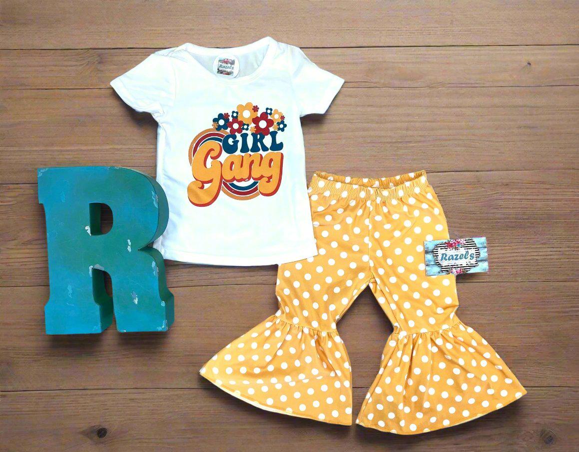 Girl Gang Outfit: Retro Floral Tee & Yellow Polka Dot Bell Bottoms