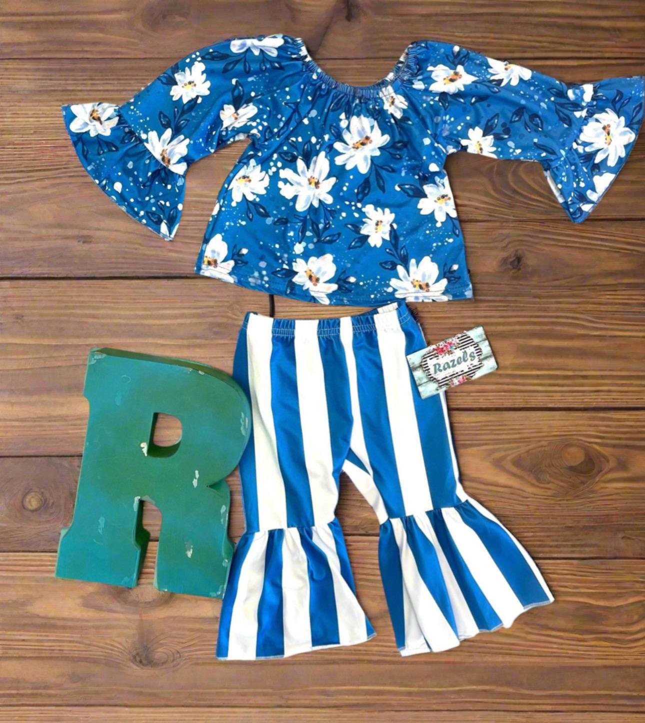 Girls' Daisy Blouse Bell Bottom Set: Retro Striped Kids Outfit