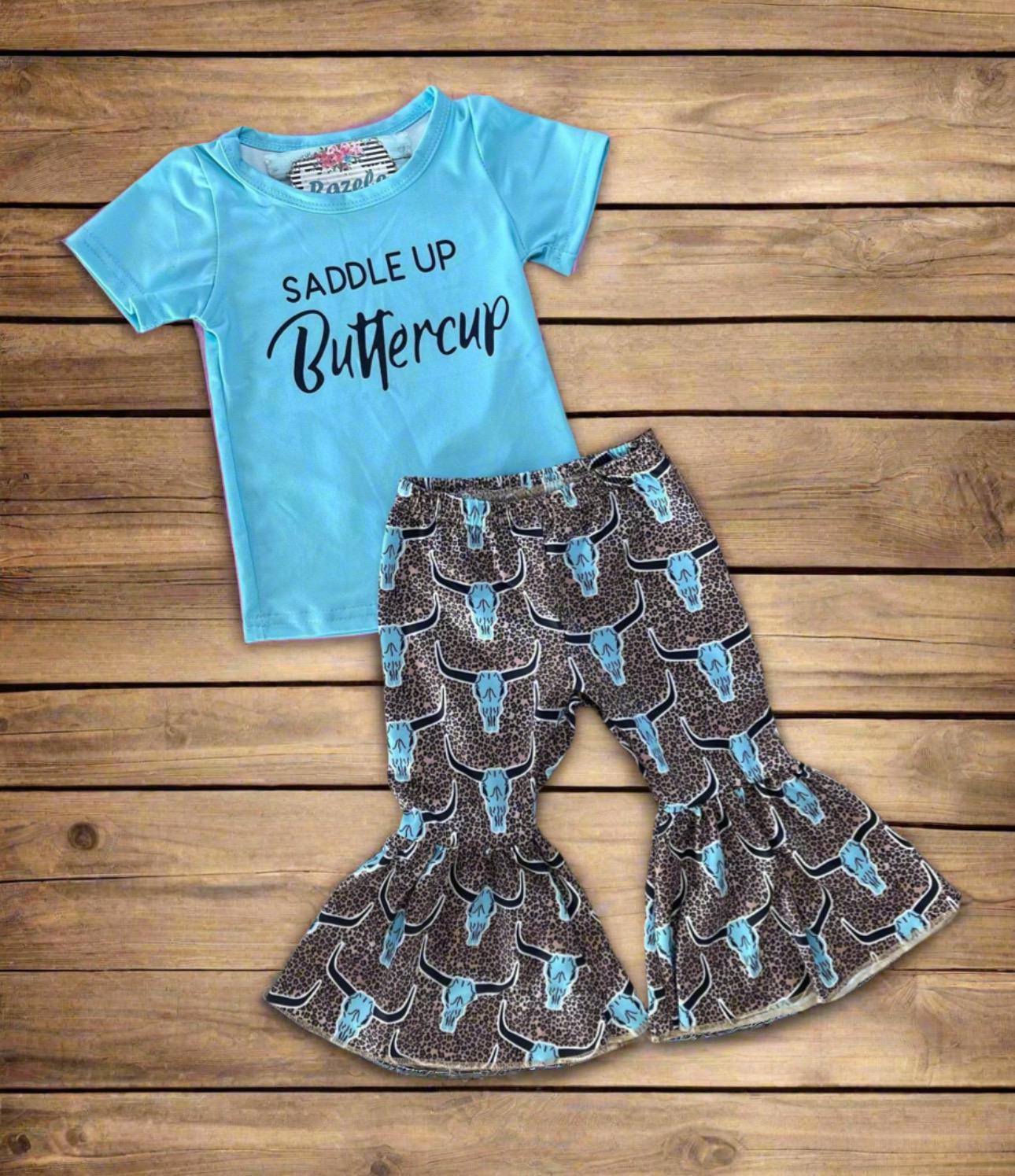 Girls' Western Outfit: Cow Skull Cheetah Bell Bottoms & Turquoise Tee
