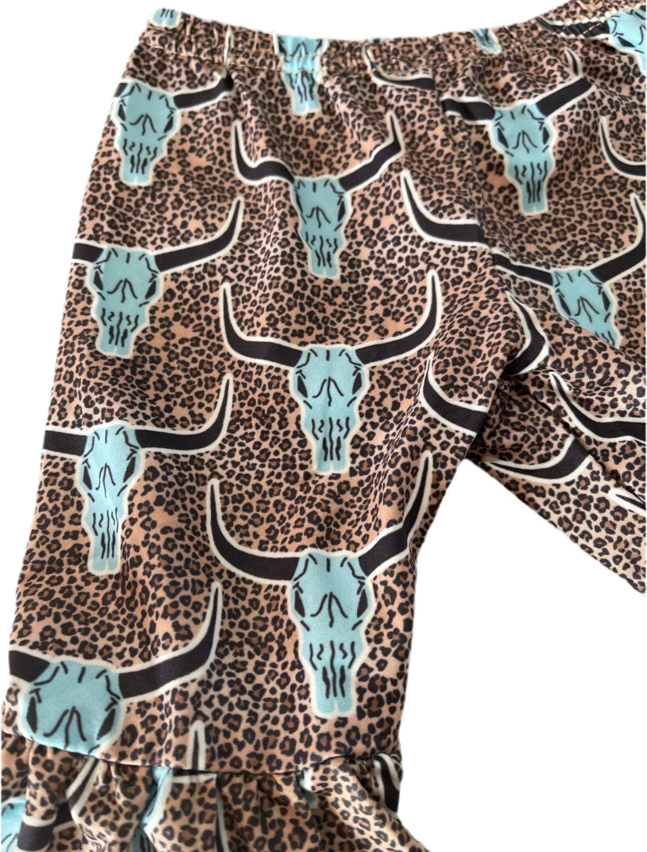 Girls' Western Outfit: Cow Skull Cheetah Bell Bottoms & Turquoise Tee