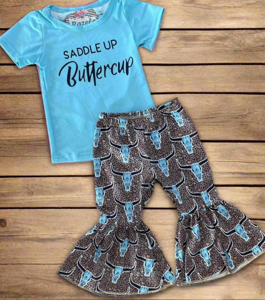 Girls' Western Outfit: Cow Skull Cheetah Bell Bottoms & Turquoise Tee