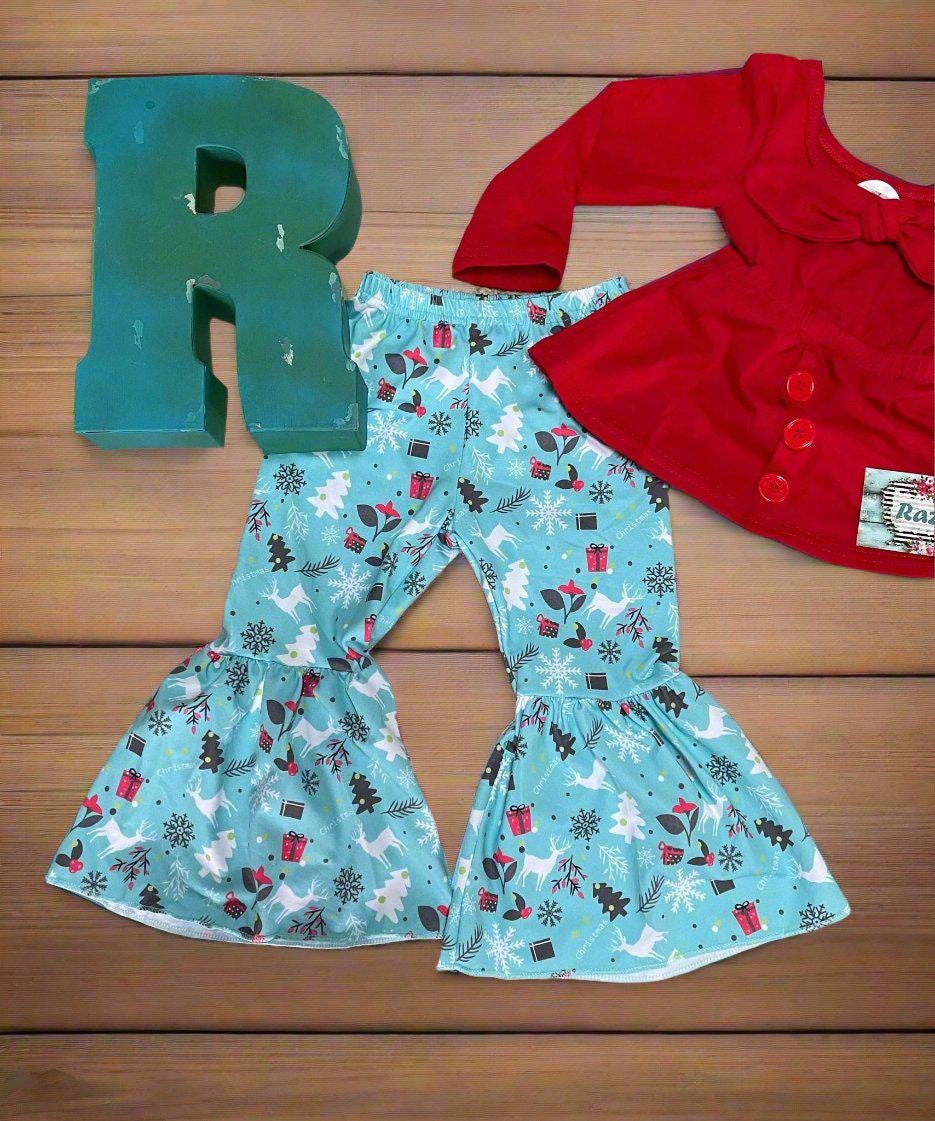 Girls' Christmas Bell Bottom Set: Red Bow Top & Reindeer Flare Pants