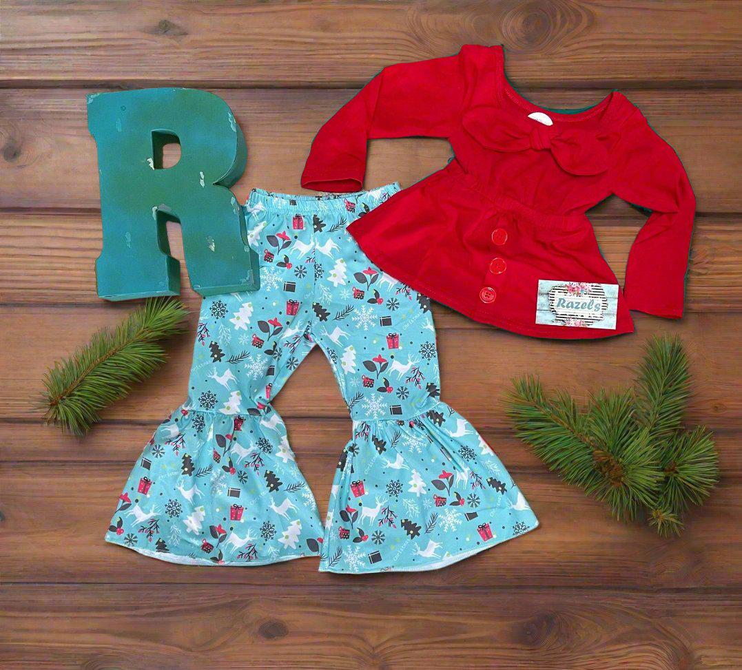 Girls' Christmas Bell Bottom Set: Red Bow Top & Reindeer Flare Pants