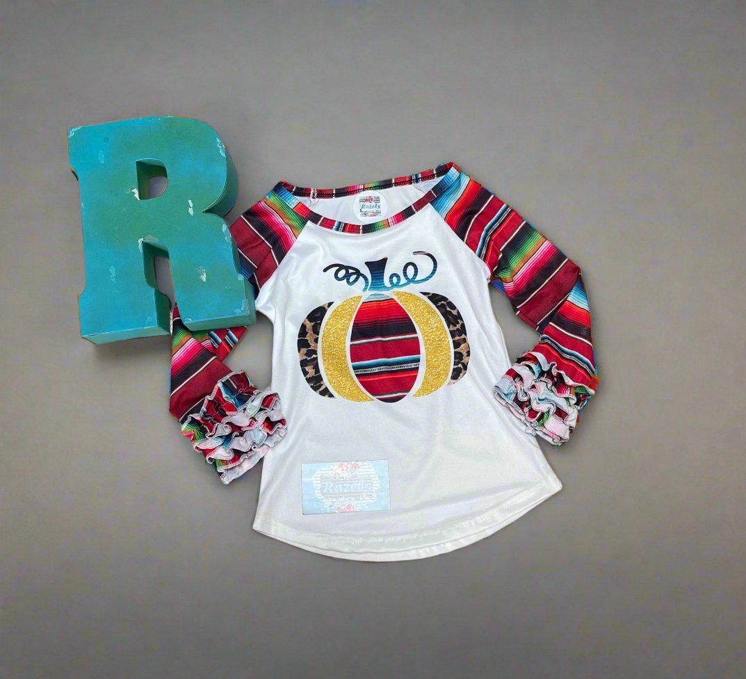 Girls Fall Pumpkin Shirt: Serape Cheetah Print Ruffle Sleeve Top