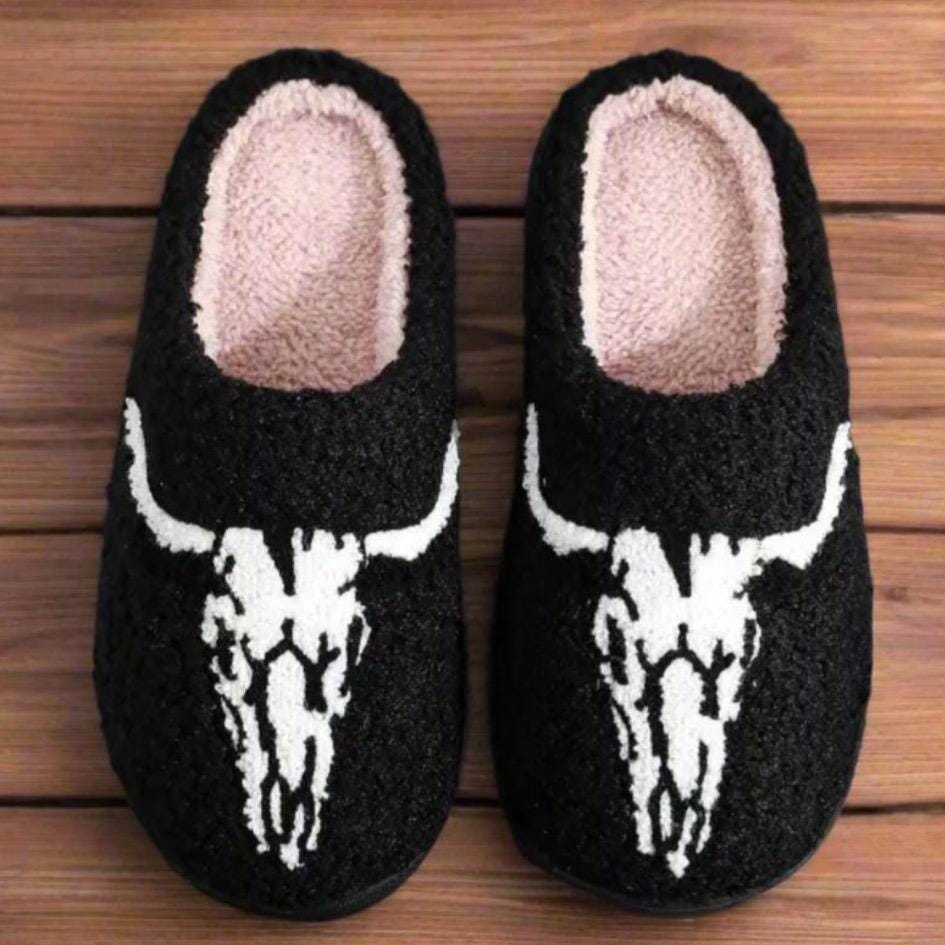 Longhorn Skull Slippers, Western Fall Halloween Shoes