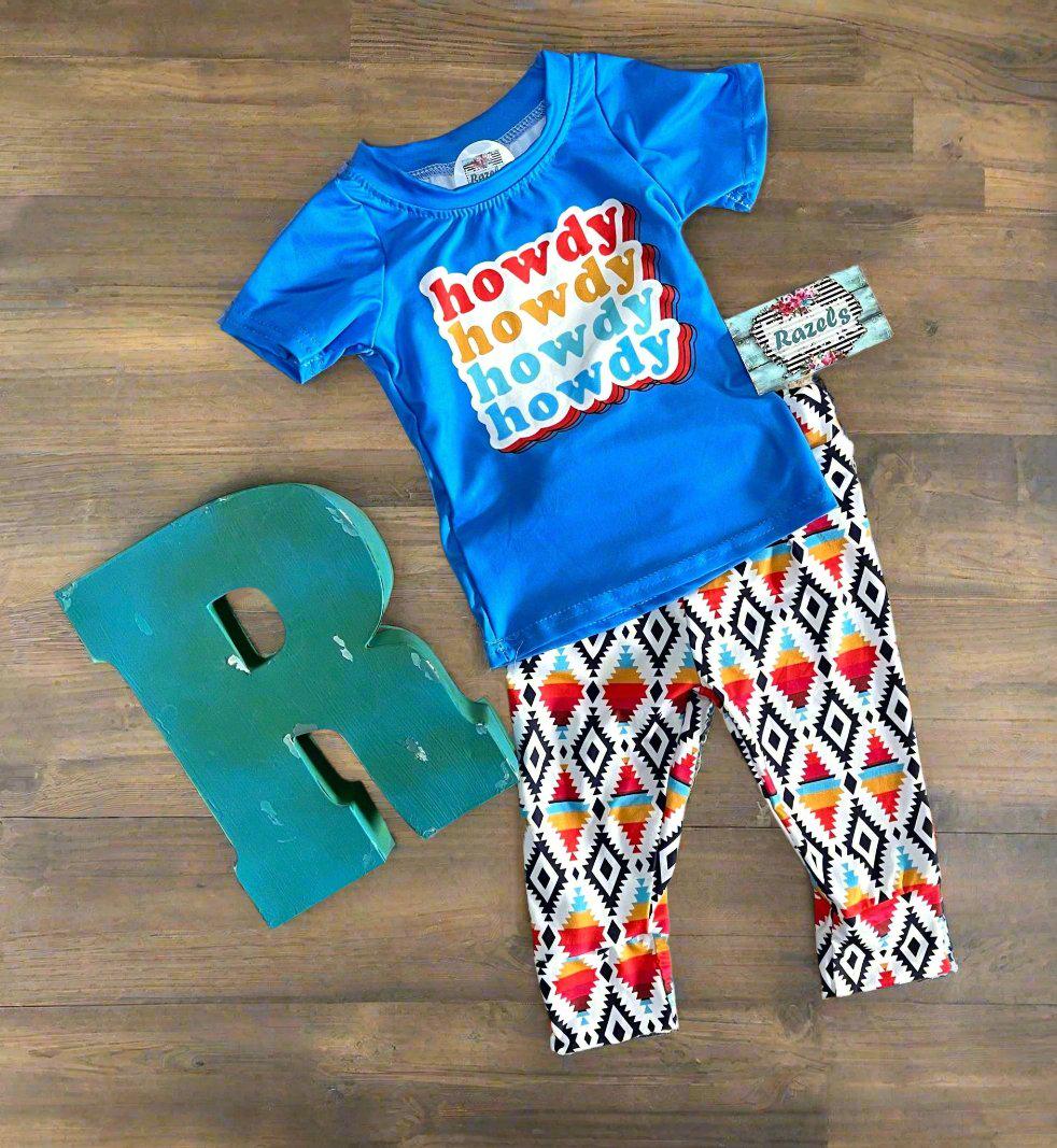 Retro Howdy Kids Western Outfit | Fall Aztec Leggings + T-Shirt Set | Baby Toddler Cowboy Outfit | Christmas Gift for Boys or Girls