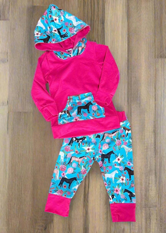 Baby Girl Horse Outfit: Hot Pink Hoodie & Jogger Set