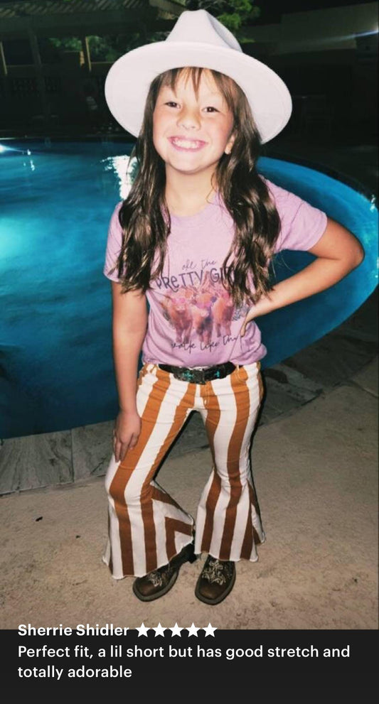 Girls' Striped Bell Bottom Jeans: Stretchy Frayed Denim