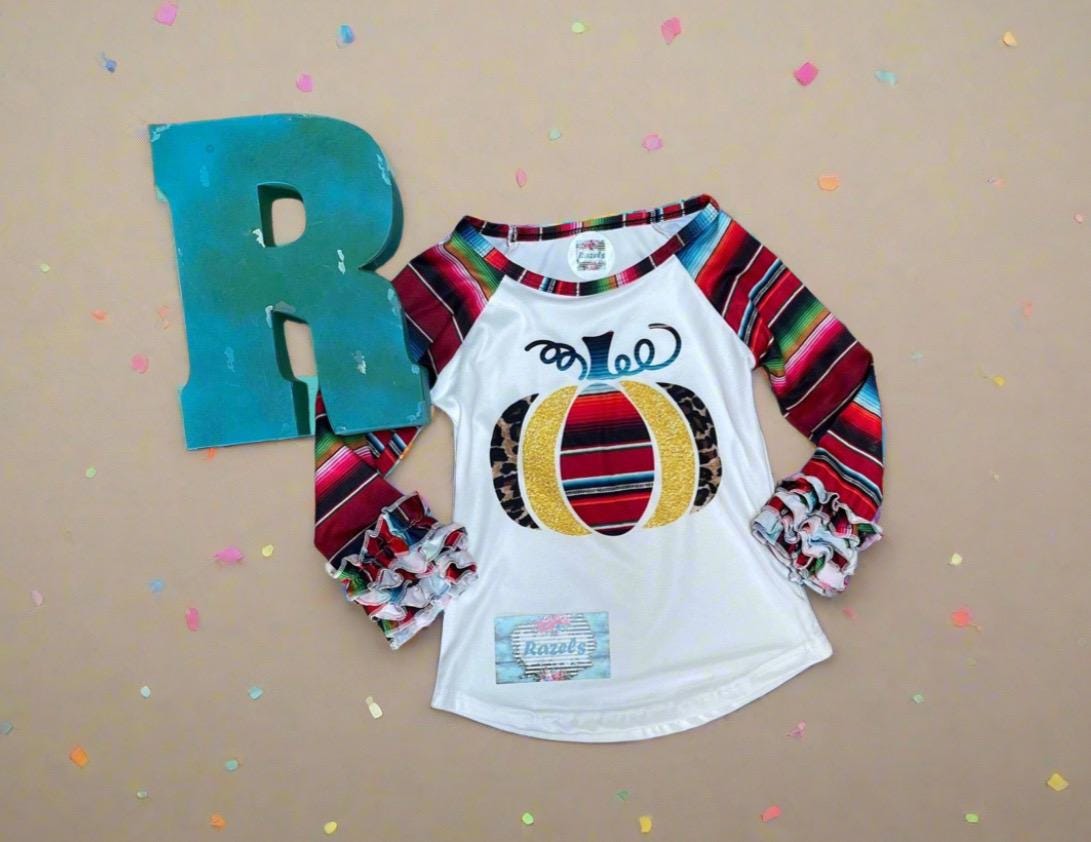 Girls Fall Pumpkin Shirt: Serape Cheetah Print Ruffle Sleeve Top