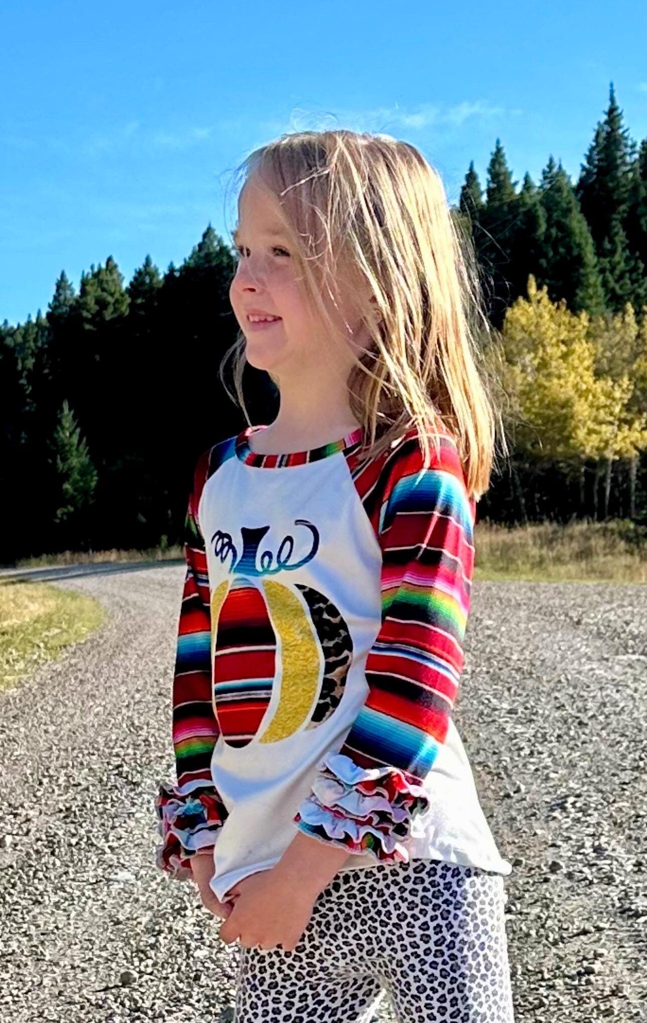 Girls Fall Pumpkin Shirt: Serape Cheetah Print Ruffle Sleeve Top