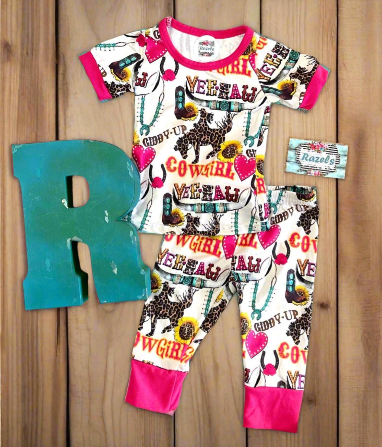 Cowgirl Pajamas / GIDDY UP Yeehaw Pajamas, Pink Hearts and Cowgirls
