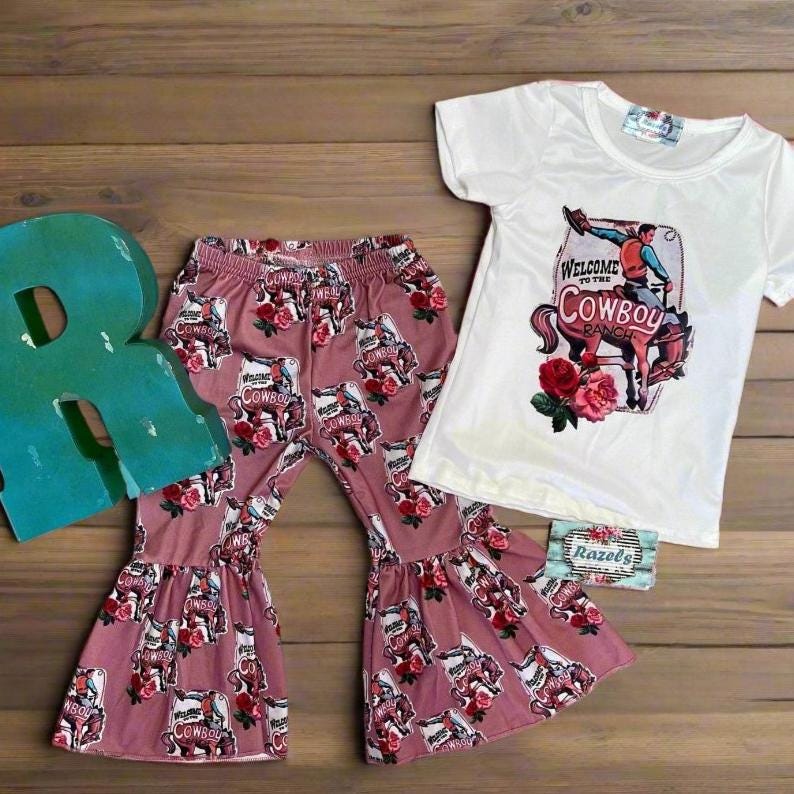 Cowboy Ranch Cowgirl Matching Sister Outfits - Western Bell Bottoms & Onsie