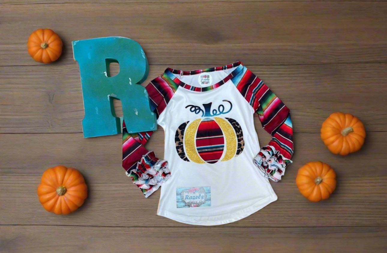 Girls Fall Pumpkin Shirt: Serape Cheetah Print Ruffle Sleeve Top