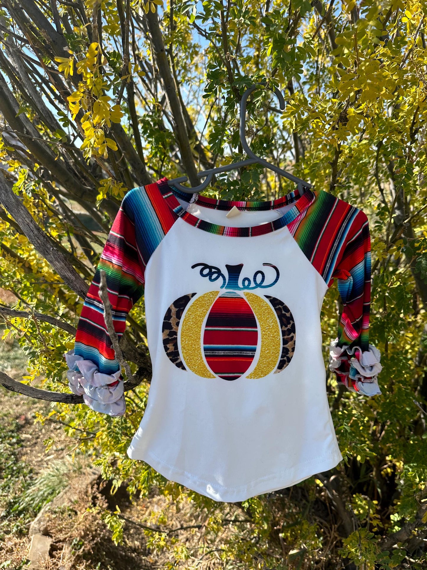 Girls Fall Pumpkin Shirt: Serape Cheetah Print Ruffle Sleeve Top