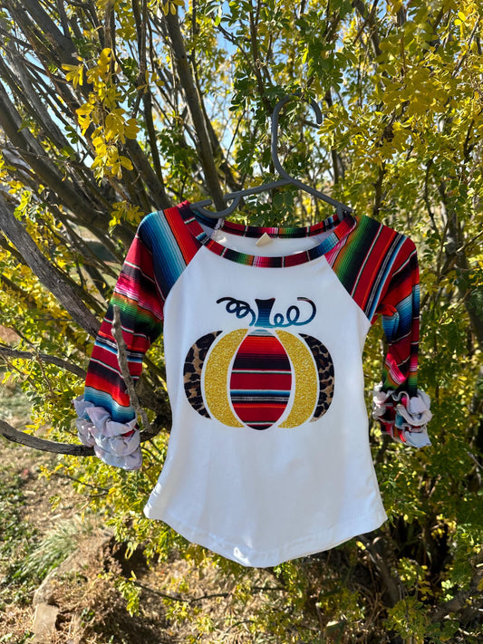 Girls Fall Pumpkin Shirt: Serape Cheetah Print Ruffle Sleeve Top