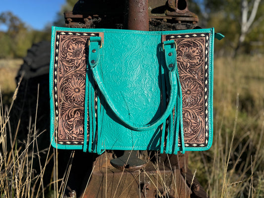 Genuine Western Leather Turquoise laptop messenger briefcase bag with tooled and embossed leather by Double B Wild Rags CONCEAL and CARRY