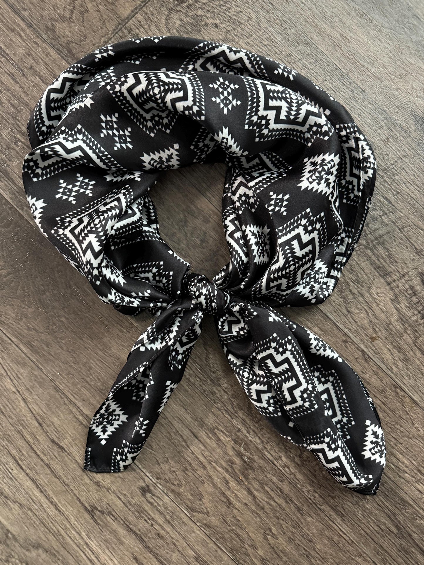 100% Silk Wild Rag Black and White Native tribal inspired neck scarf by Double B Wild Rags