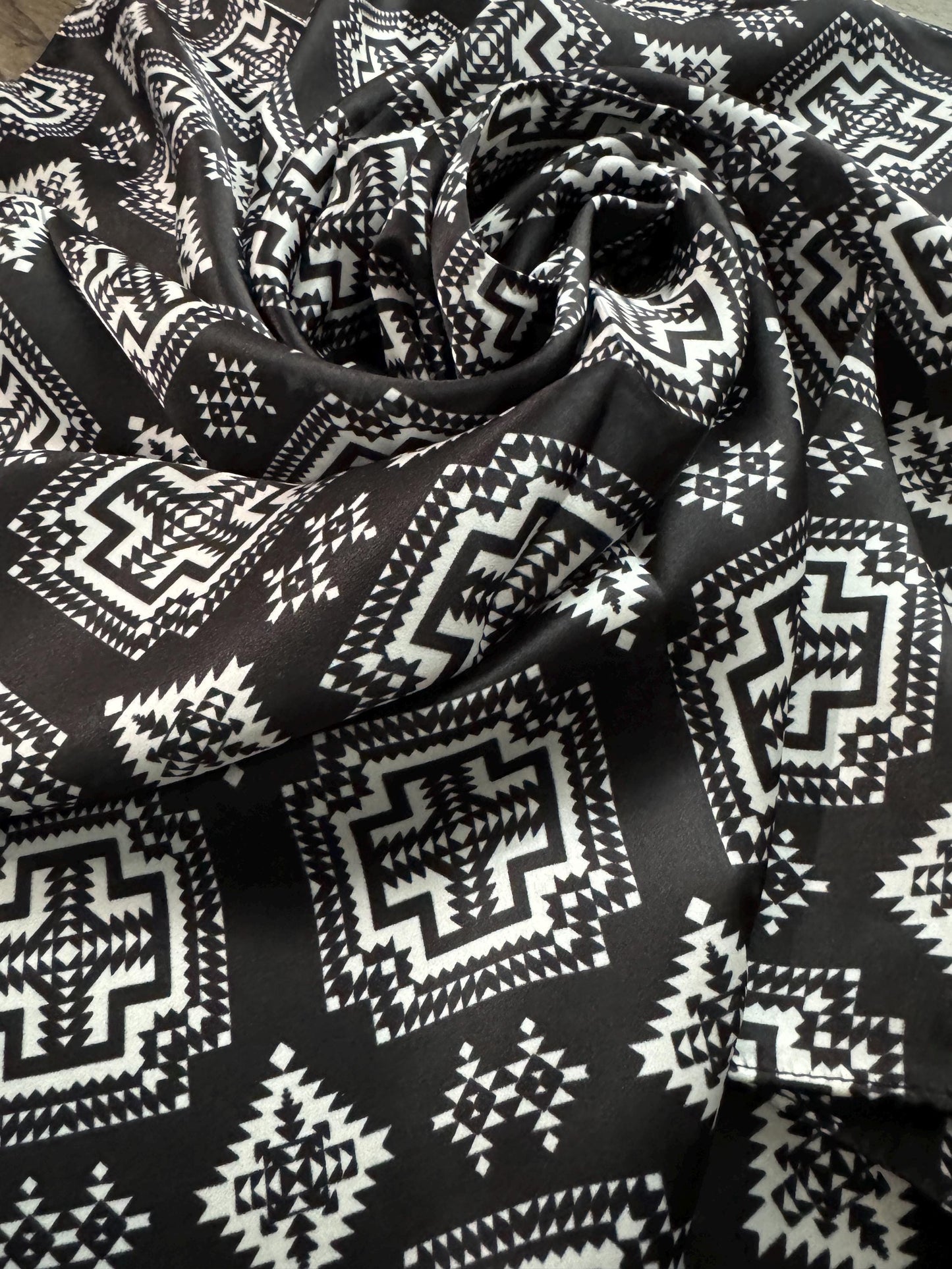 100% Silk Wild Rag Black and White Native tribal inspired neck scarf by Double B Wild Rags