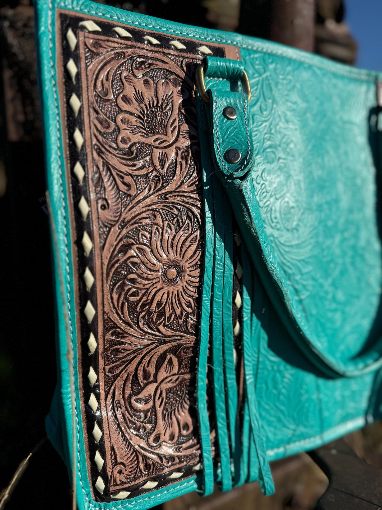 Genuine Western Leather Turquoise laptop messenger briefcase bag with tooled and embossed leather by Double B Wild Rags CONCEAL and CARRY