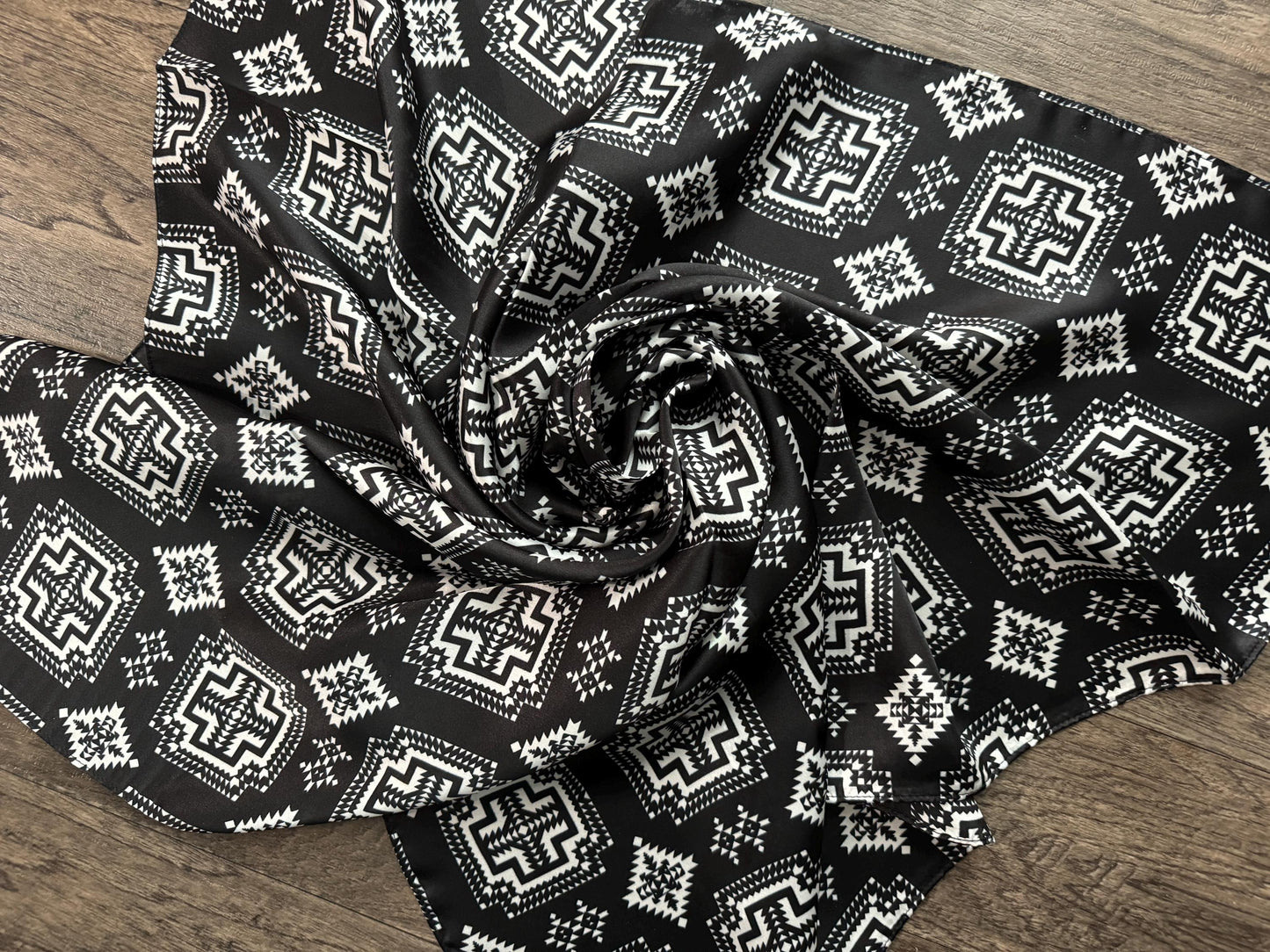 100% Silk Wild Rag Black and White Native tribal inspired neck scarf by Double B Wild Rags