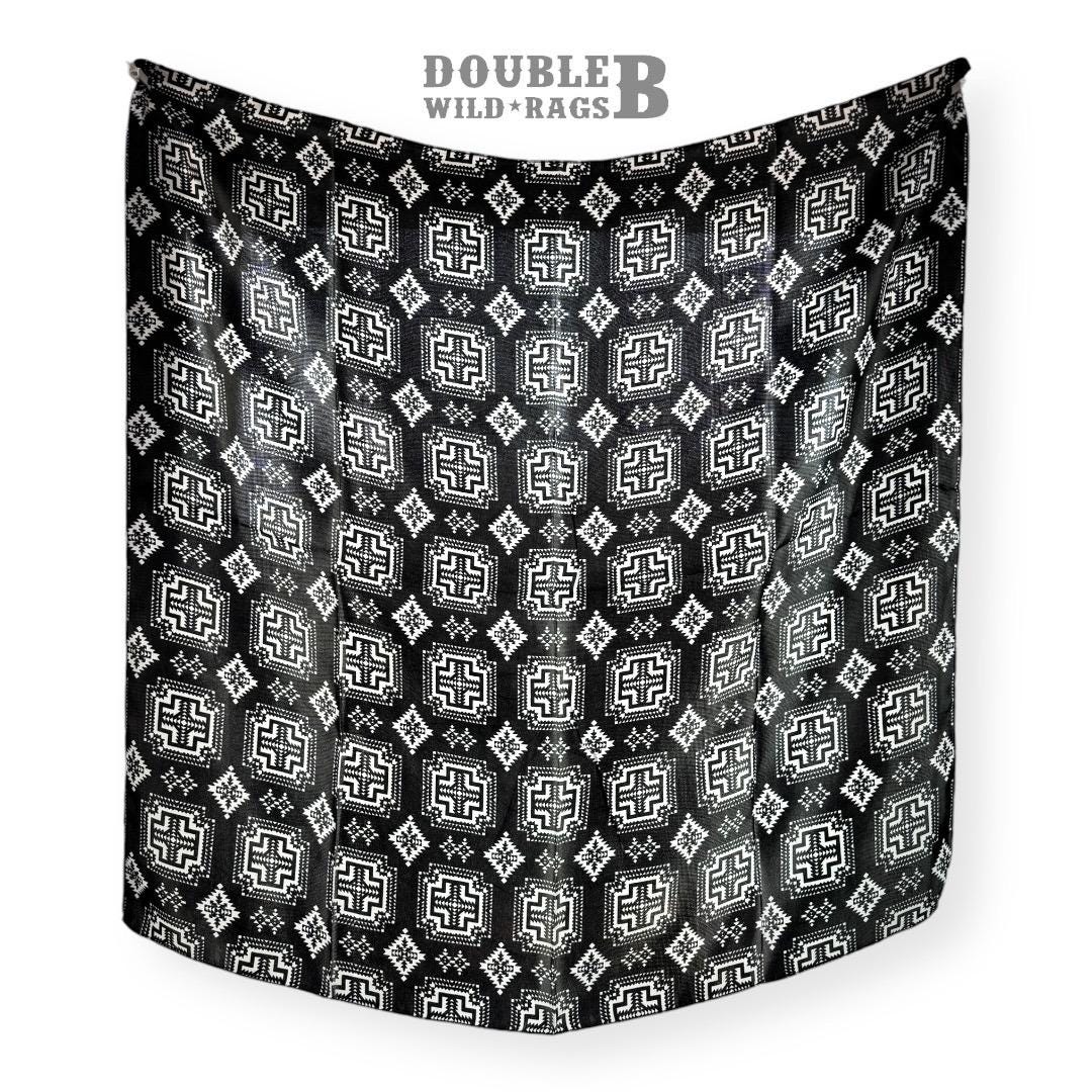 100% Silk Wild Rag Black and White Native tribal inspired neck scarf by Double B Wild Rags