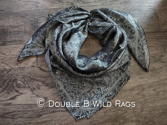 Wild Rag 100% SILK 815 Steel Grey Black Tooled Leather Cowboy Western Neck Scarf Bandanna by Double B Wild Rags