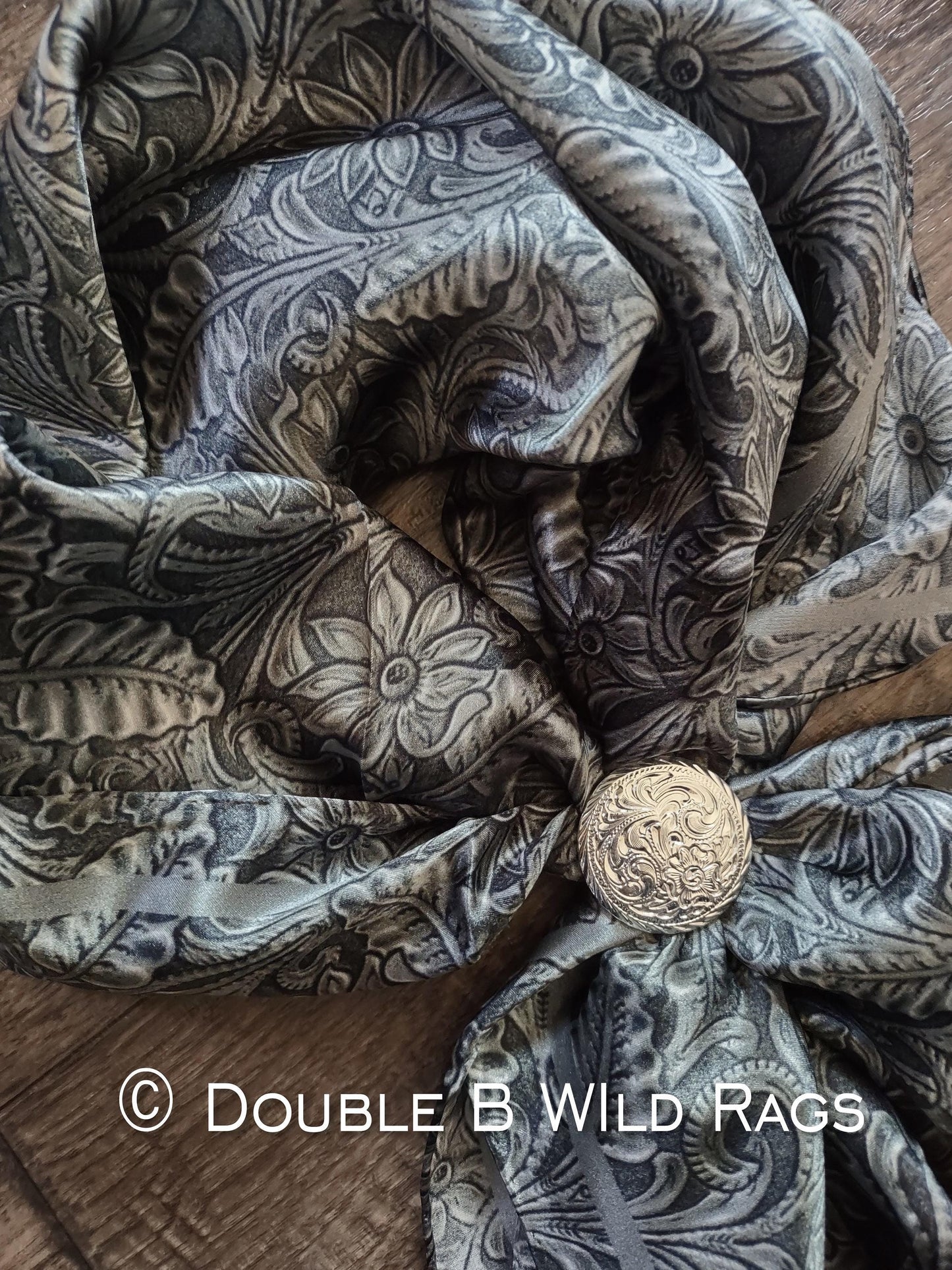 Wild Rag 100% SILK 815 Steel Grey Black Tooled Leather Cowboy Western Neck Scarf Bandanna by Double B Wild Rags