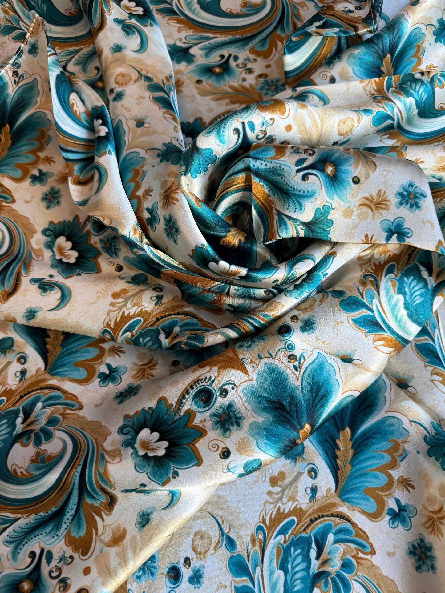 Wild Rag 100% SILK Turquoise Gold Ivory Floral Paisley Cowboy Neck Scarf Bandanna by Double B Wild Rags