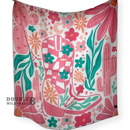 100% Silk Wild Rag Pink and Green Boot with Cactus and floral designs by Double B Wild Rags