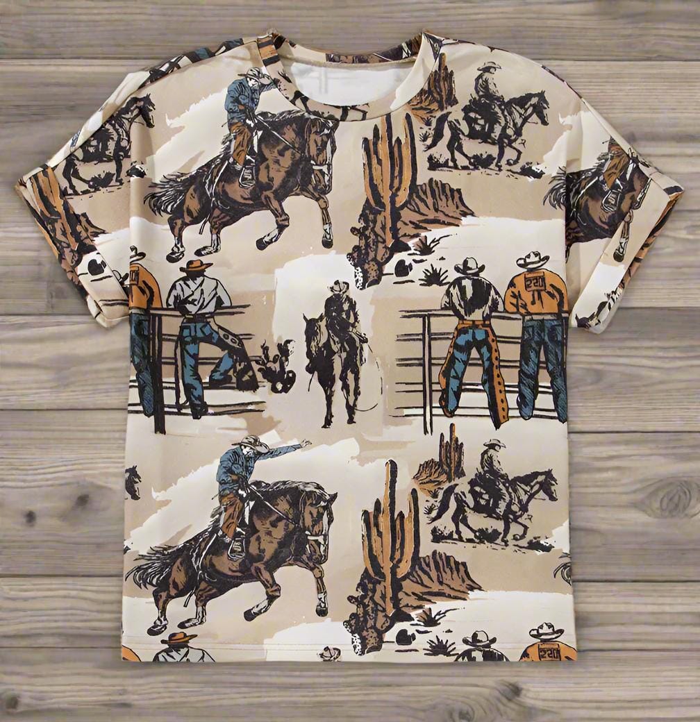 Cowboy Print T-Shirt: Western Bronc Rider Tee for Women