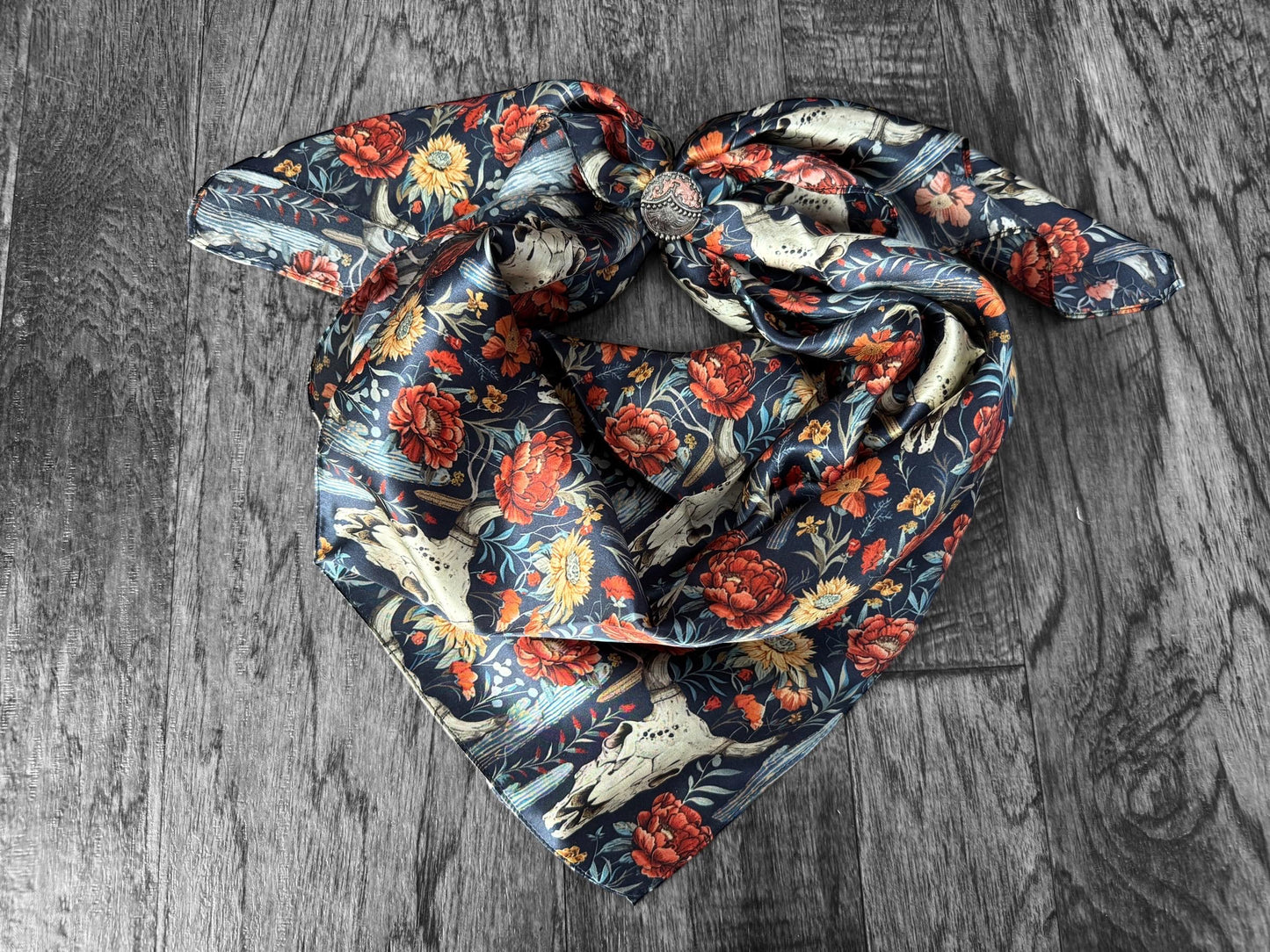 100% Silk Wild Rag Navy Blue Cow skulls and Cactus Double B Wild Rags