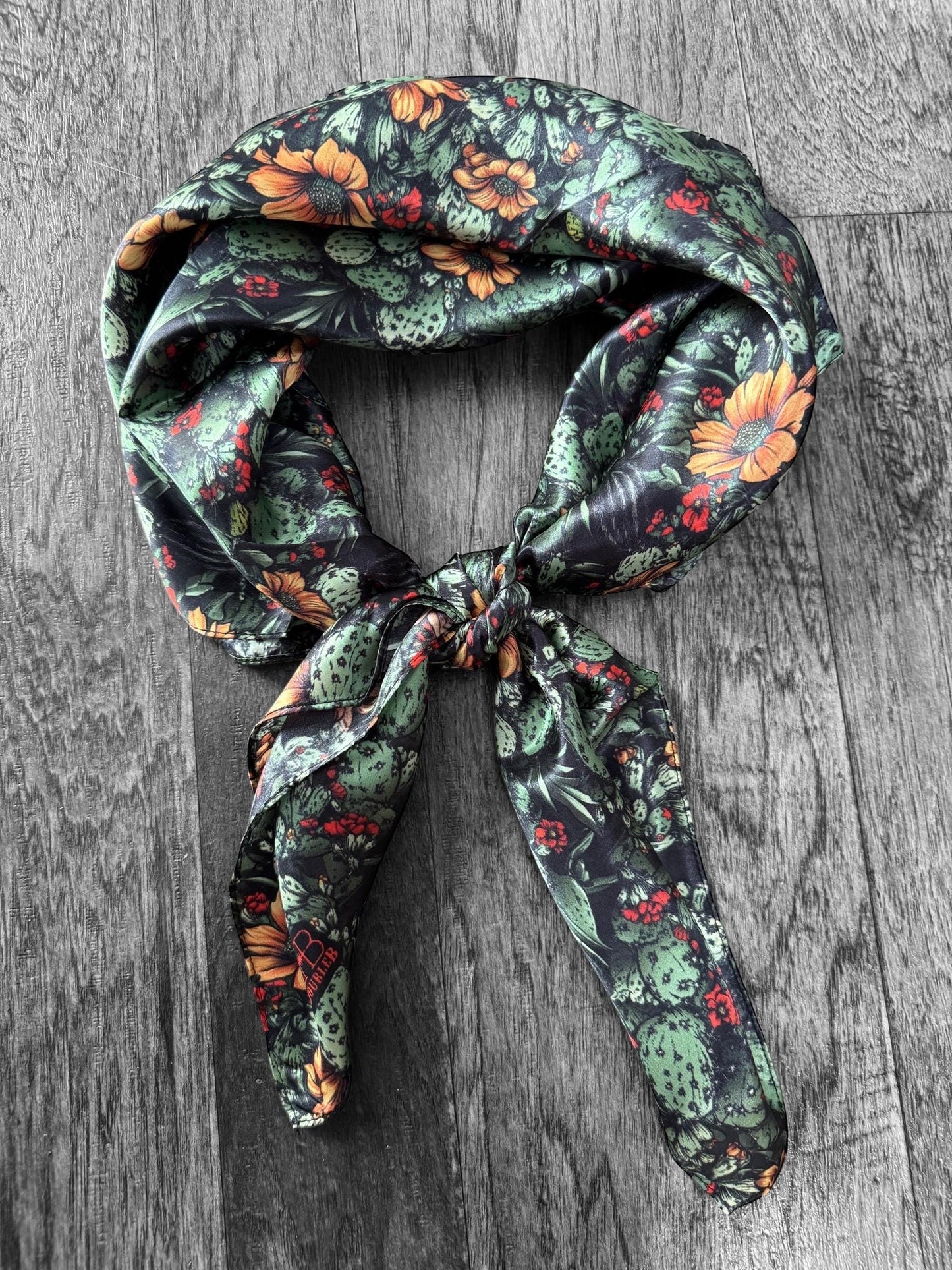 100% Silk Wild Rag Black Cactus Orange Floral by Double B Wild Rags