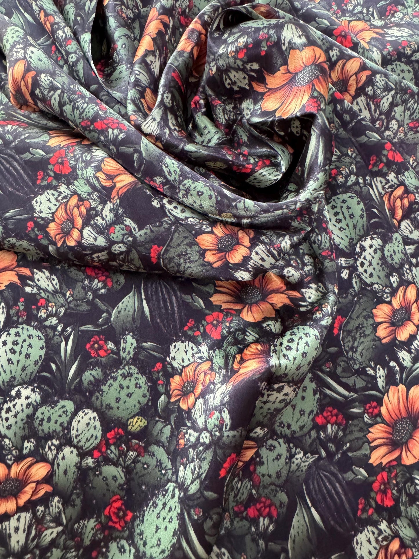 100% Silk Wild Rag Black Cactus Orange Floral by Double B Wild Rags