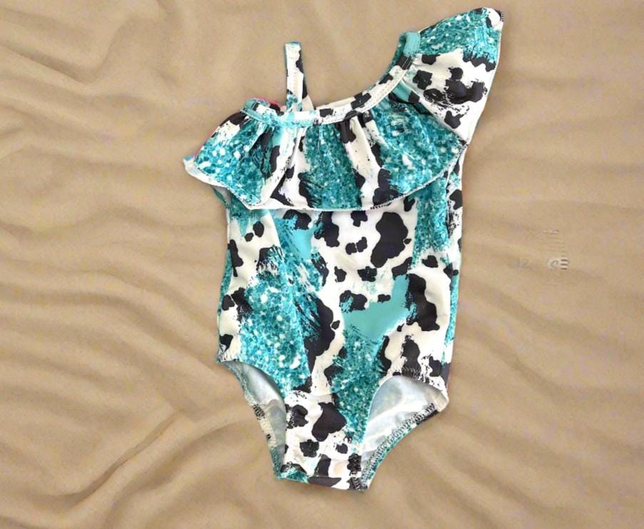 Boys Turquoise Cow Print Swim Trunks: Western Cowhide Shorts