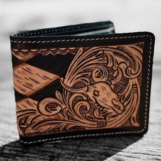 Men’s Western bi-fold wallet tooled floral Cow Skull Aces Cards details by Double B Wild Rags
