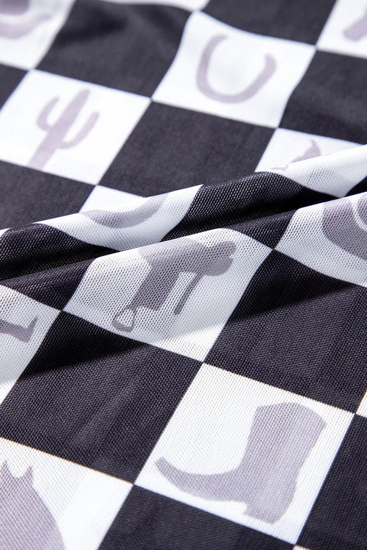 Sheer Western Shirt: Checkerboard Cowgirl Motif Top