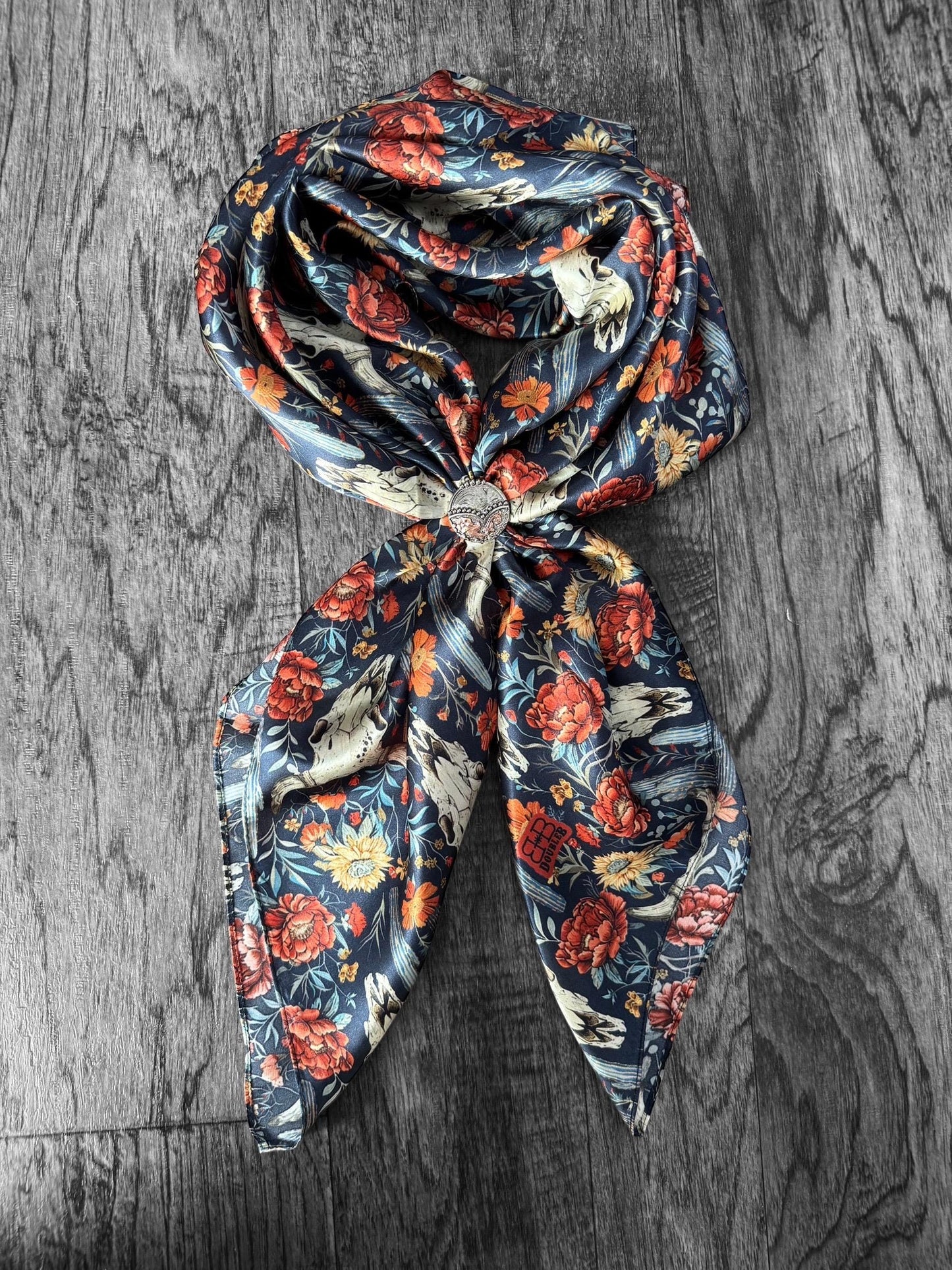 100% Silk Wild Rag Navy Blue Cow skulls and Cactus Double B Wild Rags