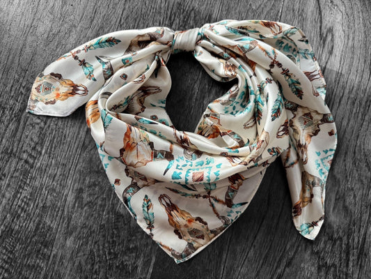 100% Silk Wild Rag Cow Skull and Turquoise by Double B Wild Rags Cowboy Western Scarf