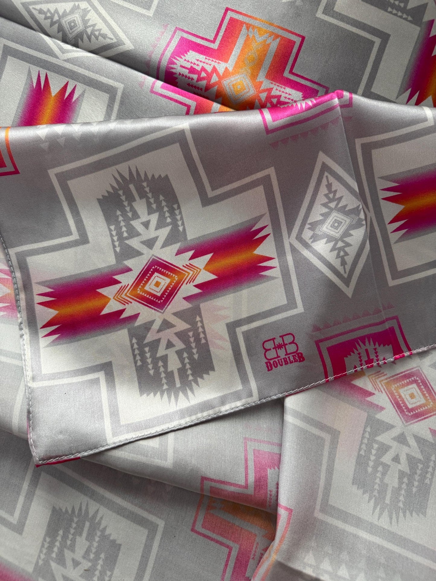 100% Silk Wild Rag Silver and Hot Pink Navajo Style by Double B Wild Rags