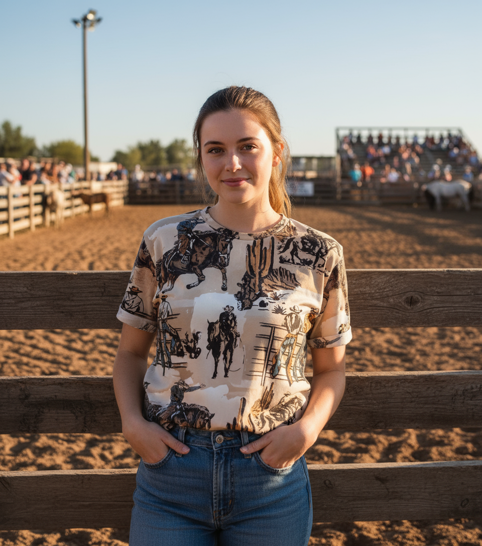 Cowboy Print T-Shirt: Western Bronc Rider Tee for Women