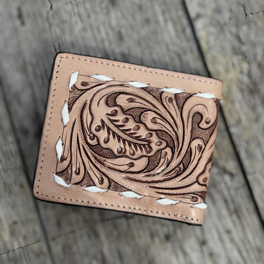 Men’s Western bi-fold wallet tooled Aces Cards with buckstitch details by Double B Wild Rags