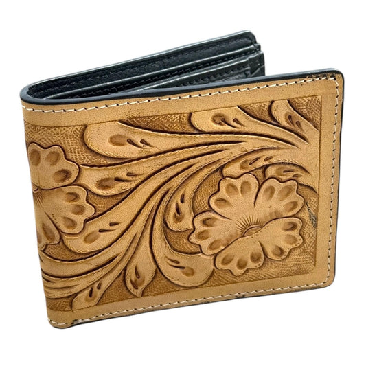 Men’s Western bi-fold wallet tooled floral Cow Skull Aces Cards details by Double B Wild Rags