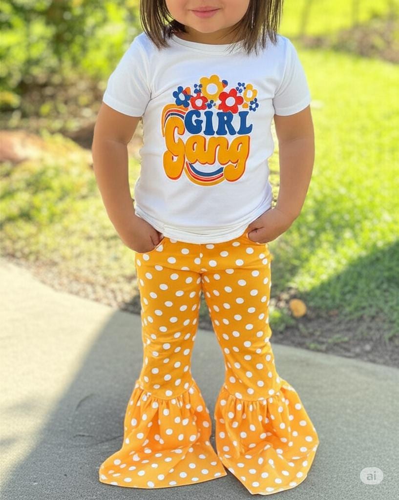 Girl Gang Outfit: Retro Floral Tee & Yellow Polka Dot Bell Bottoms