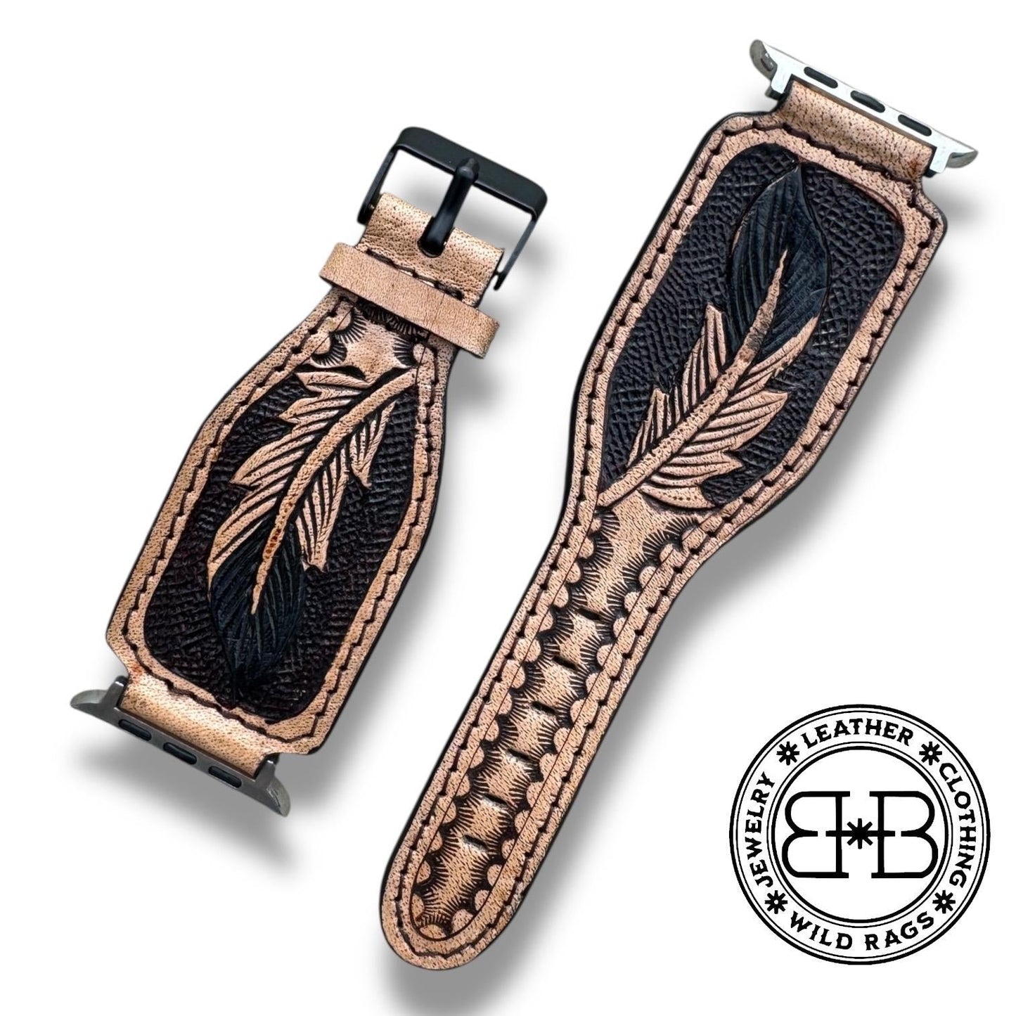 Men’s Western Tooled Leather Watch Band by Double B Wild Rags Fits 42mm 44mm 45mm
